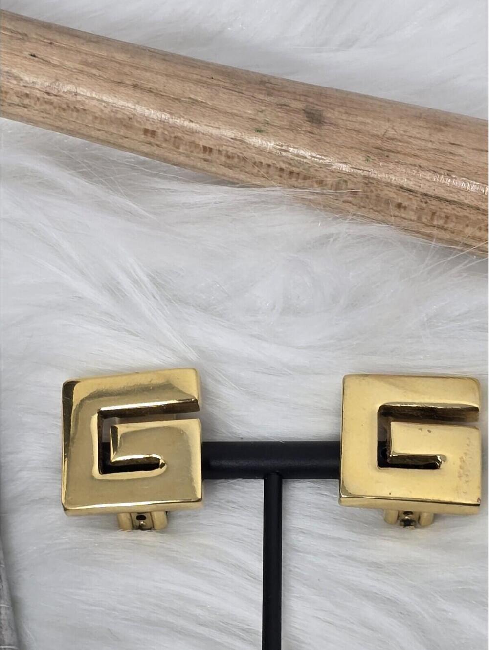 Vintage Givenchy G Logo Gold Tone Clip On Earrings Excellent